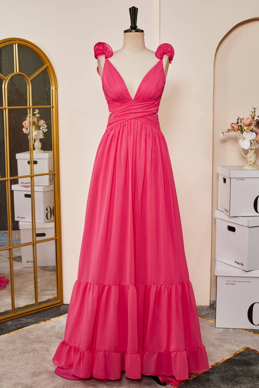 V-Neck Rose Pink Ruffled Straps Lace-Up Back Long Prom Dress