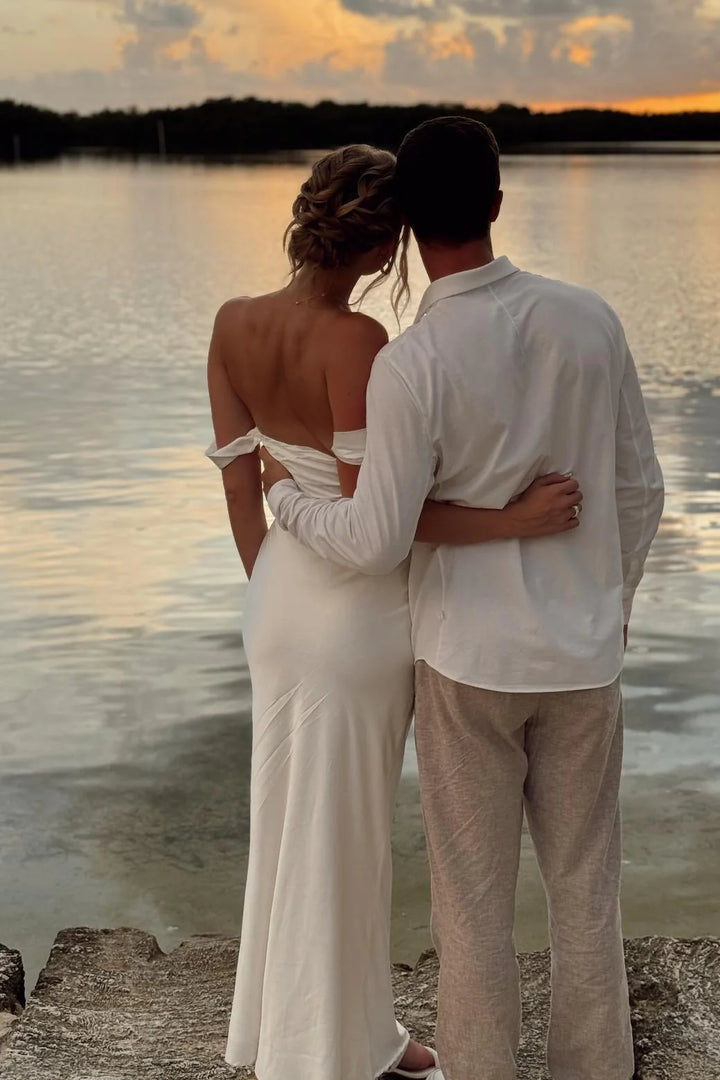 Sheath Off-Shoulder Empire Satin Long Party Prom Dress 