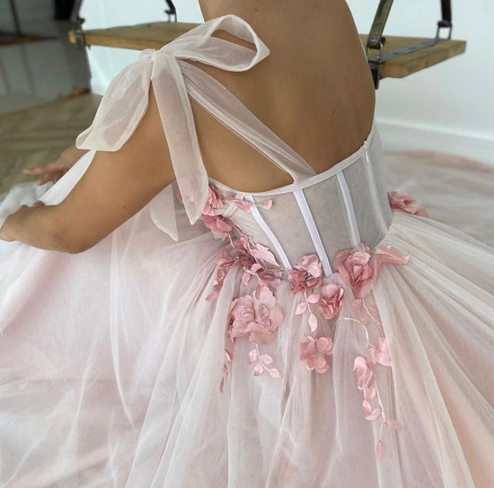 Pretty Pink Tulle A-Line Sweetheart Party Prom Dress With Florals 