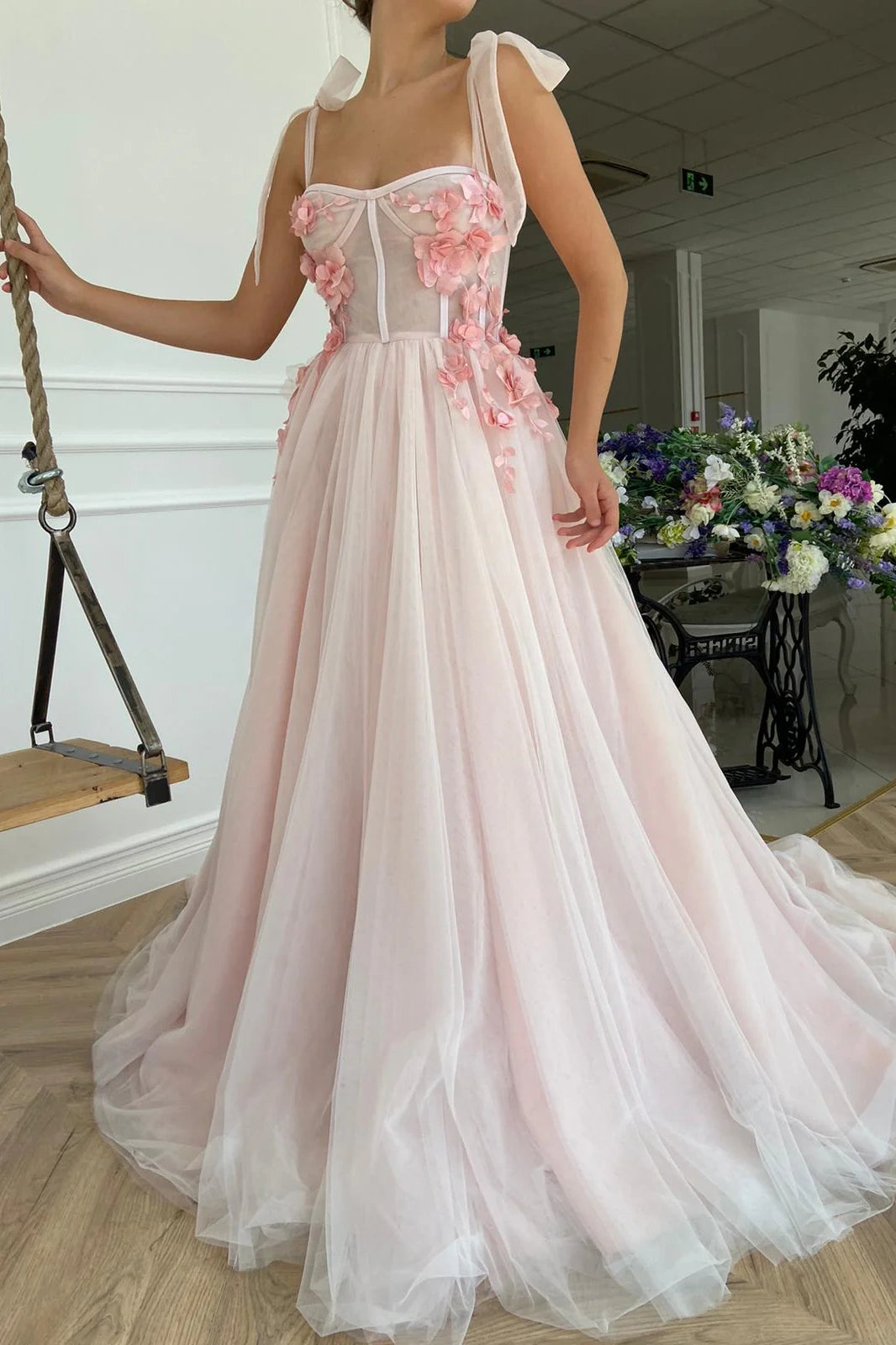 Pretty Pink Tulle A-Line Sweetheart Party Prom Dress With Florals 
