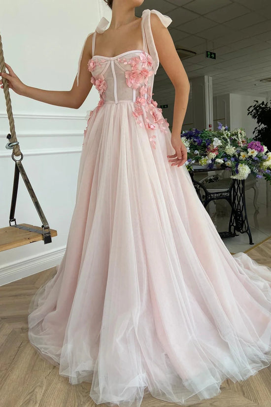 Pretty Pink Tulle A-Line Sweetheart Party Prom Dress With Florals 