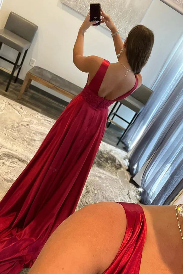 Red Low V-Neck Sleeveless Empire A-Line Party Prom Dress