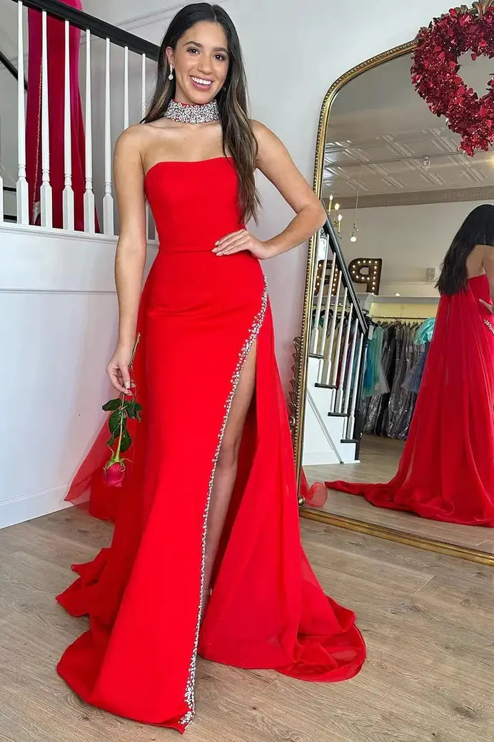 Red Mermaid Strapless High Slit Beaded Party Prom Dress