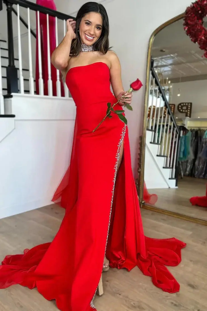 Red Mermaid Strapless High Slit Beaded Party Prom Dress