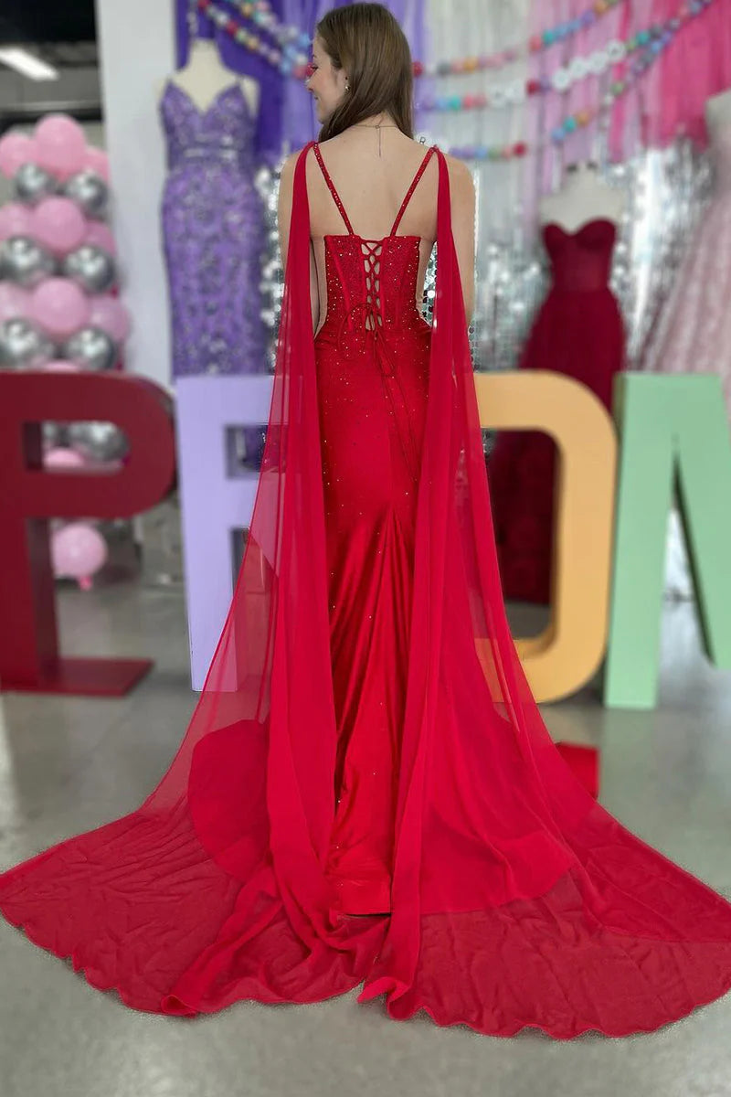 Red Mermaid V-Neck Beaded Formal Prom Dress