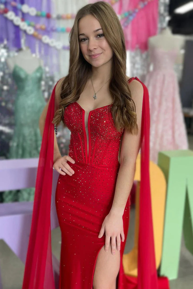 Red Mermaid V-Neck Beaded Formal Prom Dress