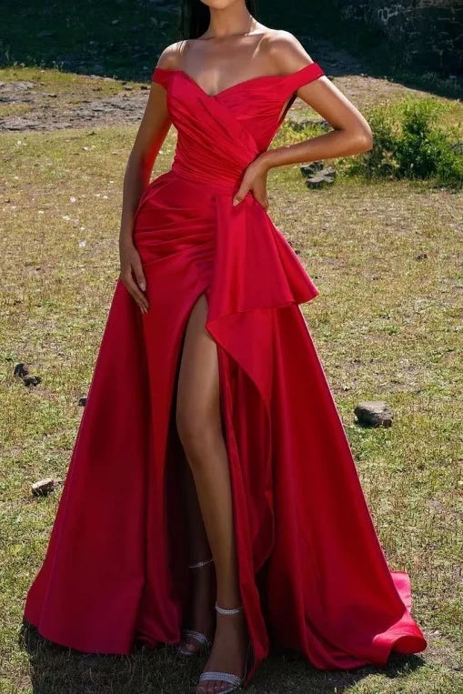 Red Off-Shoulder Empire Party Prom Dress With Train