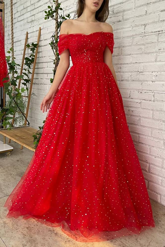 Red Off-Shoulder Tulle A-Line Prom Evening Dress