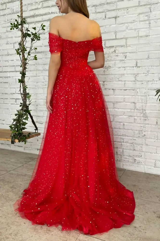 Red Off-Shoulder Tulle A-Line Prom Evening Dress