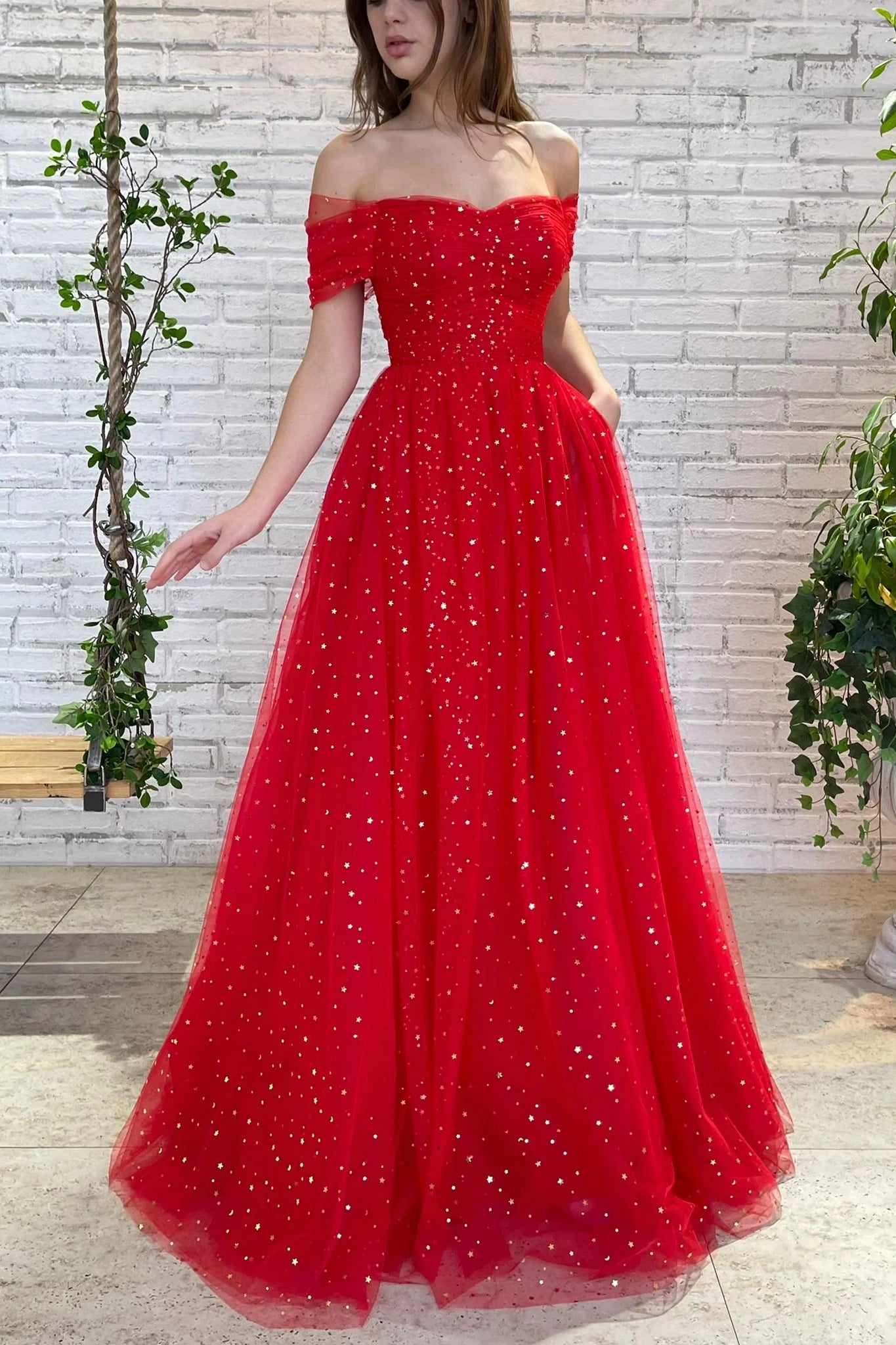 Red Off-Shoulder Tulle A-Line Prom Evening Dress