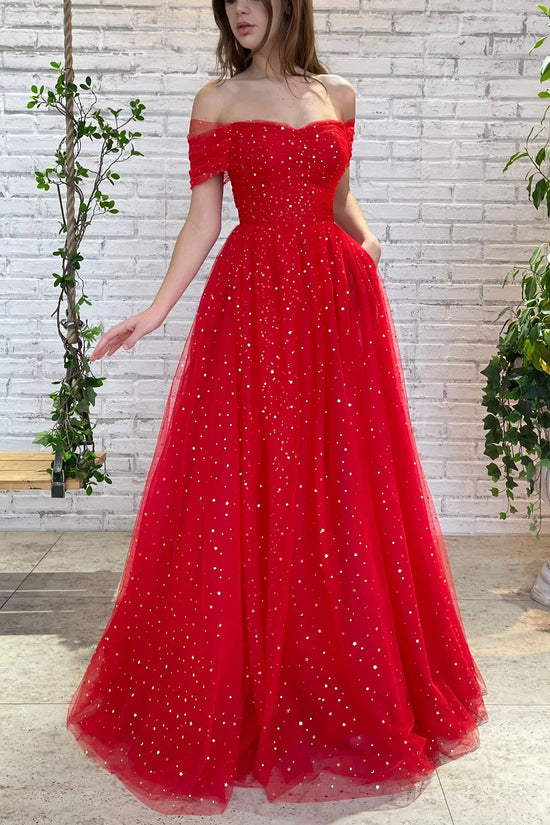 Red Off-Shoulder Tulle A-Line Prom Evening Dress