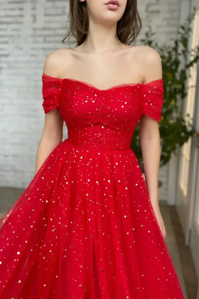 Red Off-Shoulder Tulle A-Line Prom Evening Dress