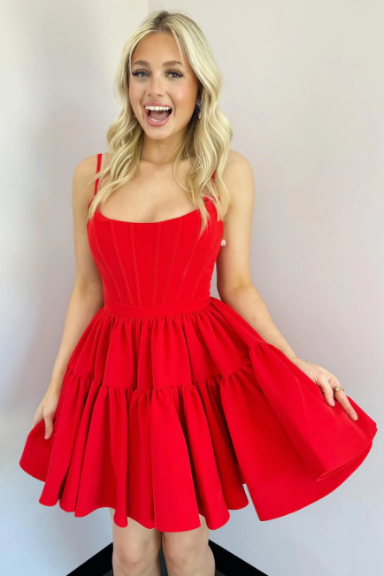 Red Satin A-Line Bateau Spaghetti Straps Homecoming Dress