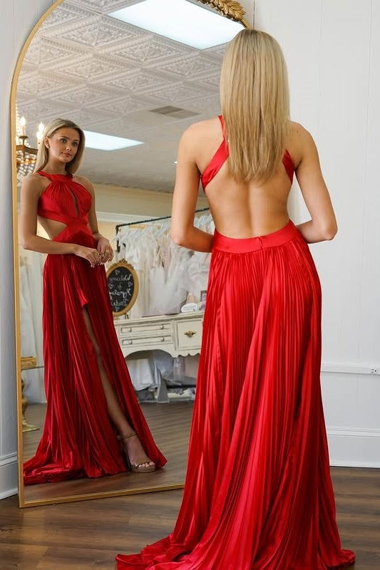 Red Satin A-Line High Neck Backless Long Party Prom Dress