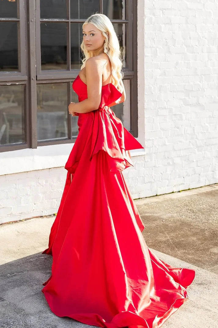 Red Satin Strapless Empire Mermaid Party Prom Dress With Train