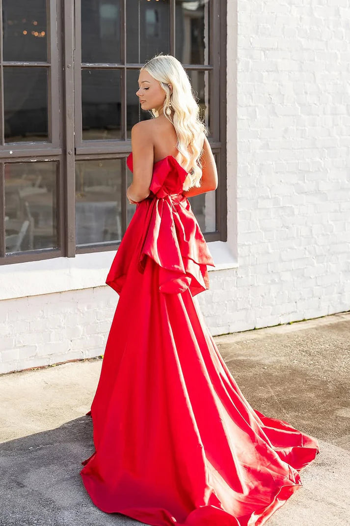 Red Satin Strapless Empire Mermaid Party Prom Dress With Train