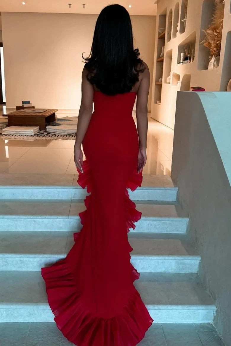 Red Strapless Empire Ruffled Slit Party Prom Dress