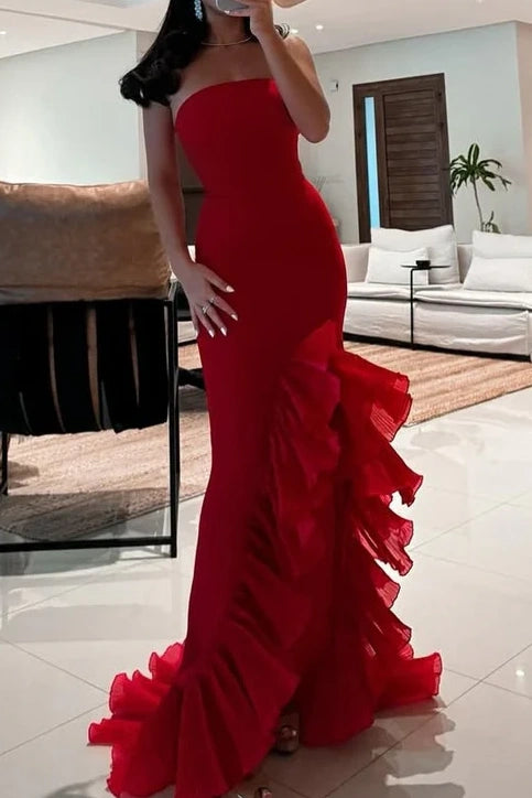 Red Strapless Empire Ruffled Slit Party Prom Dress