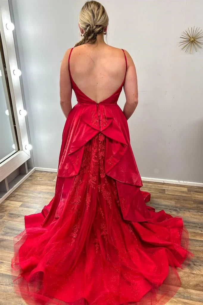 Red Sweetheart Backless A-Line Party Prom Dress With Train