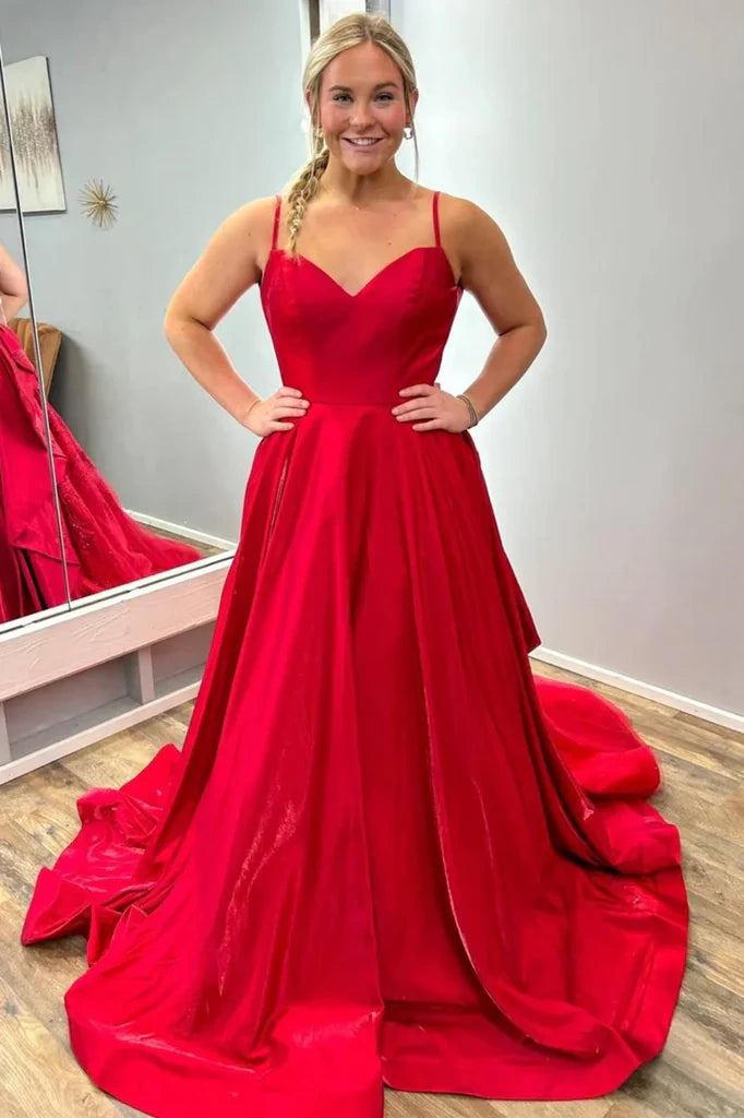 Red Sweetheart Backless A-Line Party Prom Dress With Train