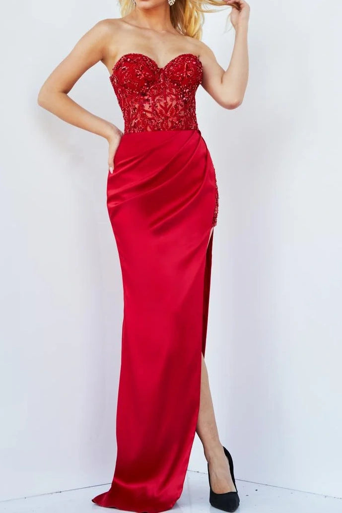 Red Sweetheart Strapless Appliques Prom Dress With Slit