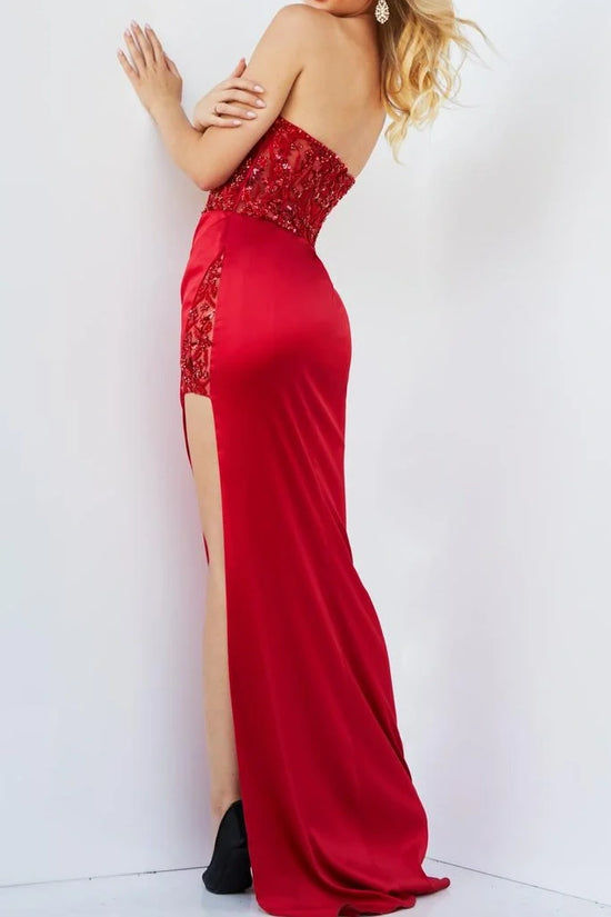 Red Sweetheart Strapless Appliques Prom Dress With Slit