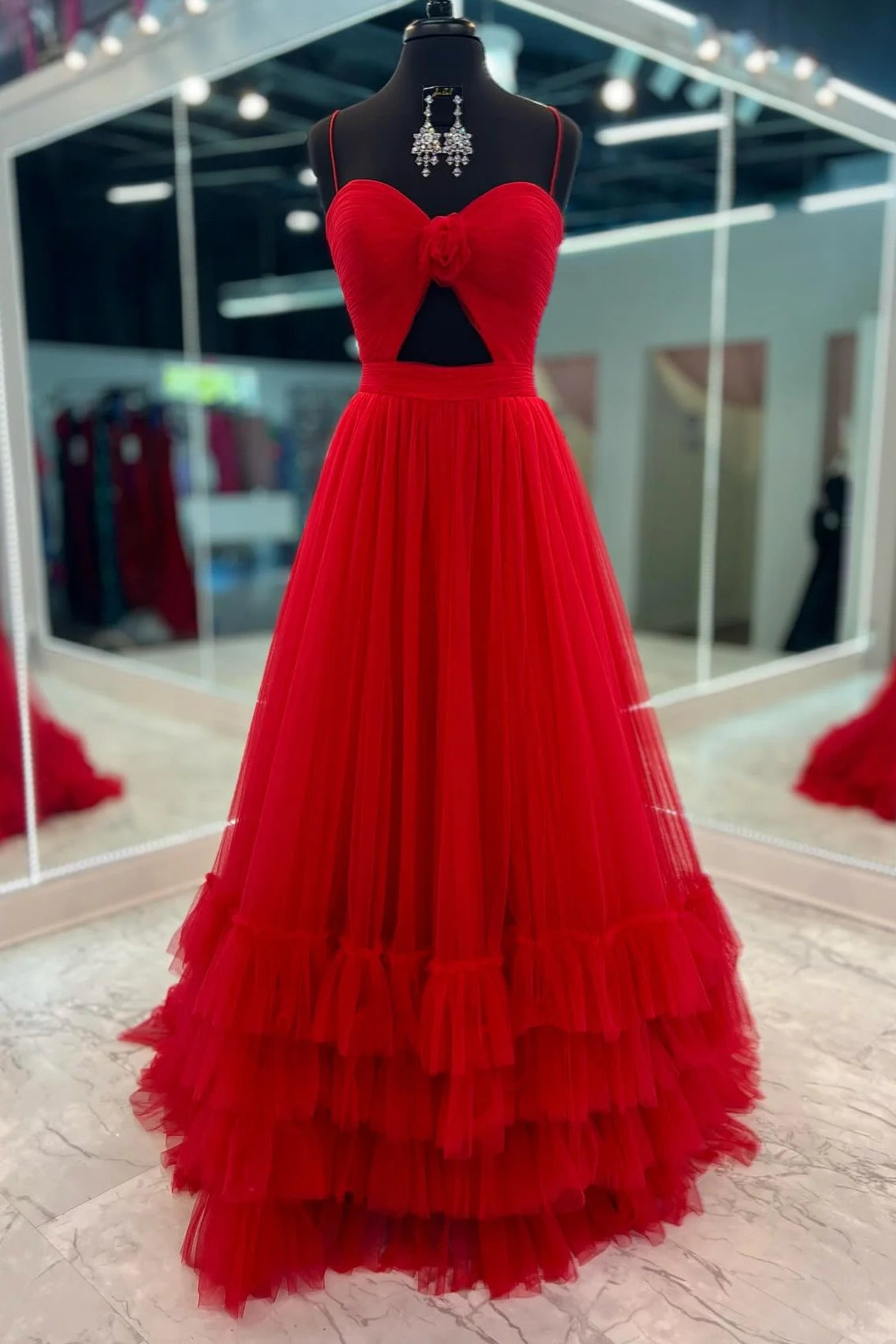 Red Sweetheart Strapless Tulle A-Line Long Party Prom Dress