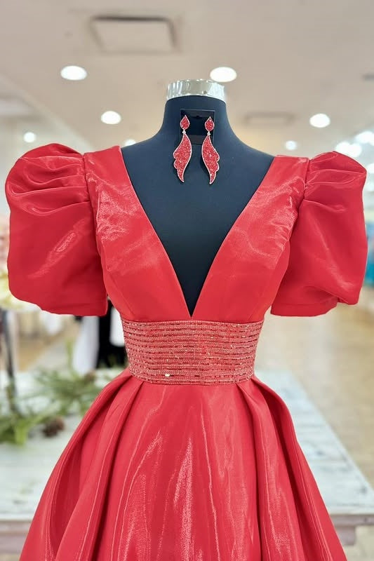 Red V-Neck Short Sleeves A-Line Beaded Party Prom Dress – Movousdress