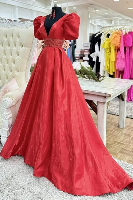 Red V-Neck Short Sleeves A-Line Beaded Party Prom Dress