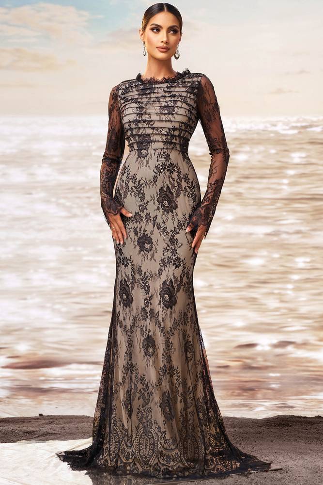 Round Long Sleeves Lace Mermaid Empire Evening Dress