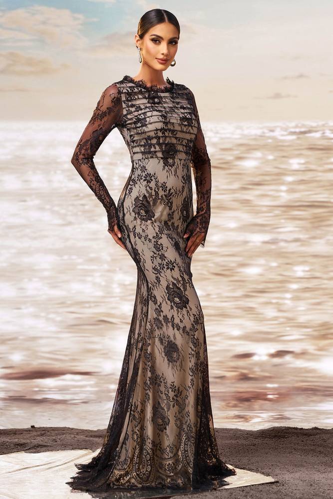 Round Long Sleeves Lace Mermaid Empire Evening Dress