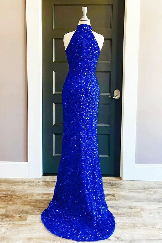 Royal Blue High Neck Sleeveless Sequins Prom Dress With Side Slit