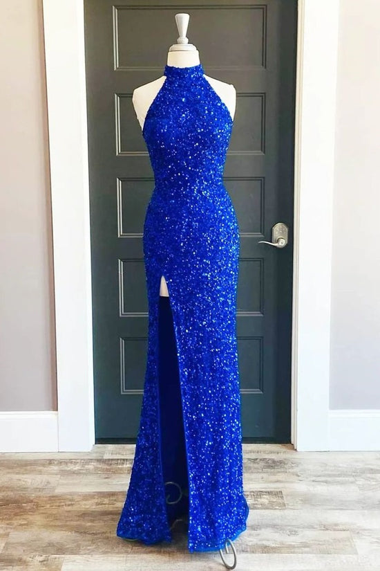 Royal Blue High Neck Sleeveless Sequins Prom Dress With Side Slit