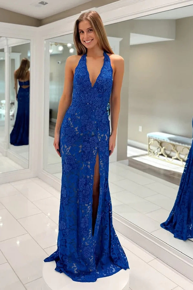 Royal Blue Lace Mermaid V-Neck Halter Party Prom Dress