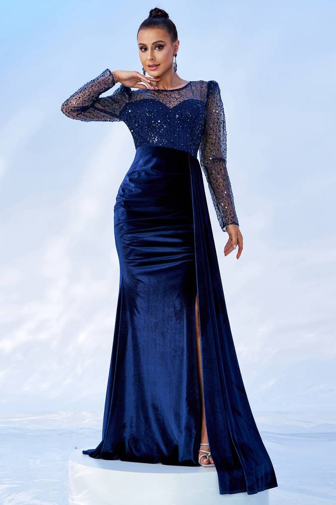 Royal Blue Round Long Sleeves Party Evening Dress