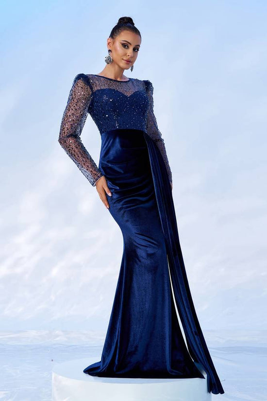 Royal Blue Round Long Sleeves Party Evening Dress