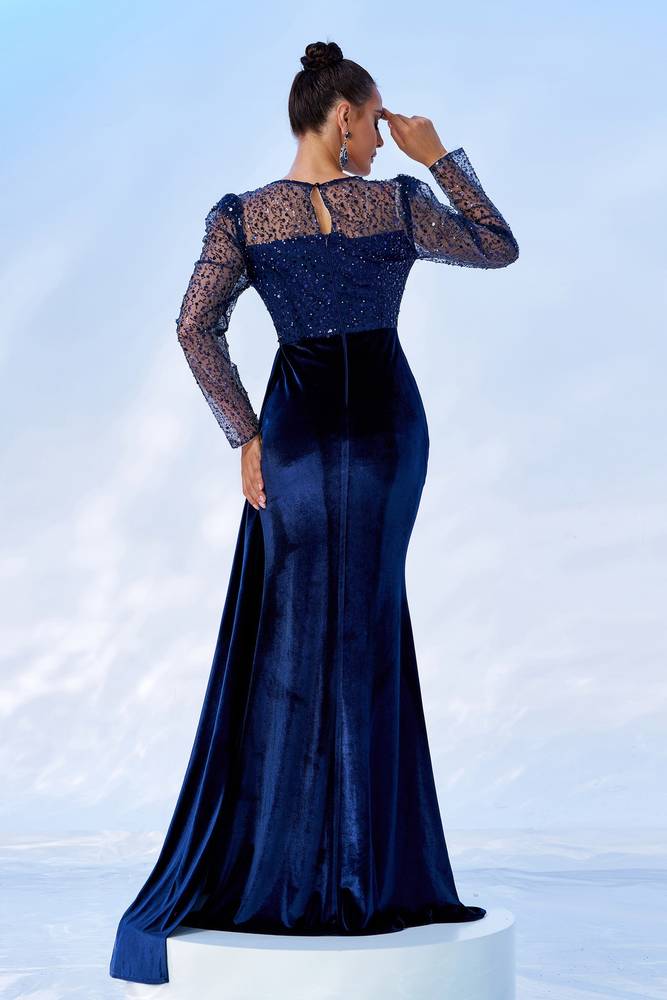 Royal Blue Round Long Sleeves Party Evening Dress