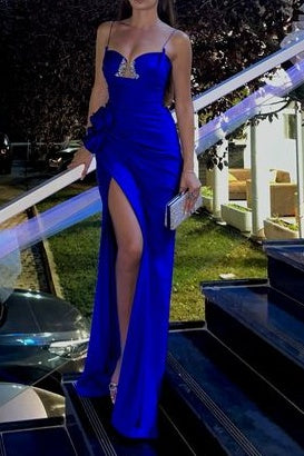 Royal Blue Satin Fitted Spaghetti Straps Beaded Party Dress