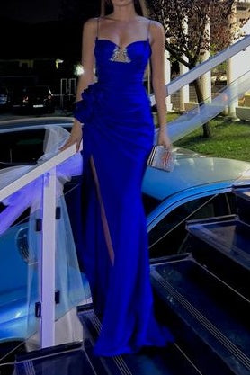 Royal Blue Satin Fitted Spaghetti Straps Beaded Party Dress