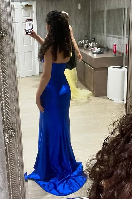 Royal Blue Strapless Mermaid Party Prom Dress With Slit