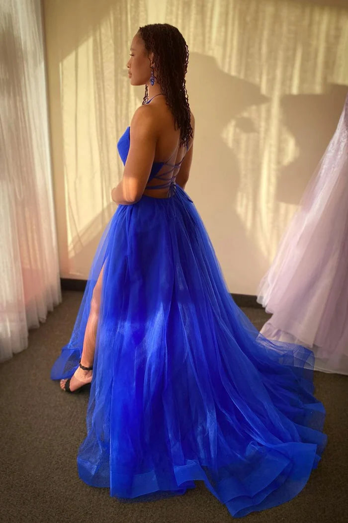 Royal Blue Tulle A-Line Sleeveless Prom Dress With Slit