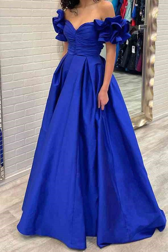 Ruffled Off-Shoulder Sleeveless Satin A-Line Prom Dress