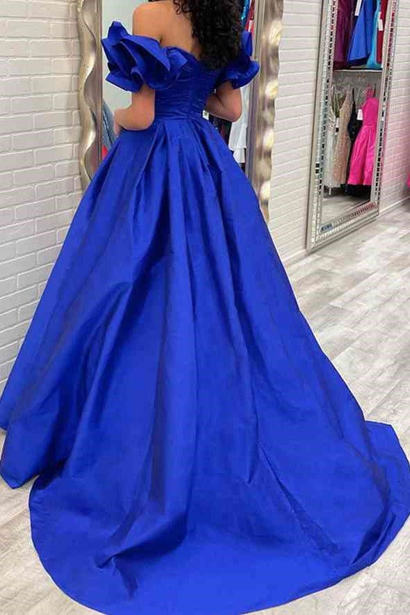 Ruffled Off-Shoulder Sleeveless Satin A-Line Prom Dress