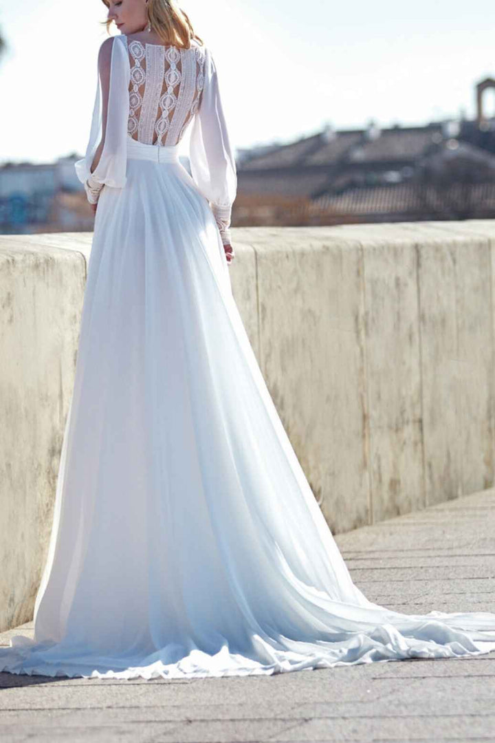 Chic Chiffon A-Line V-Neck Long Sleeves With Train Wedding Dress