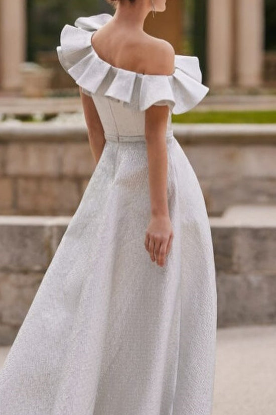 Satin A-Line Asymmetrical Off-Shoulder  Ruffled Empire Mother Of Brides Dress