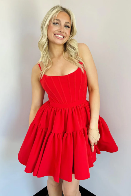 Red Satin A-Line Bateau Spaghetti Straps Homecoming Dress