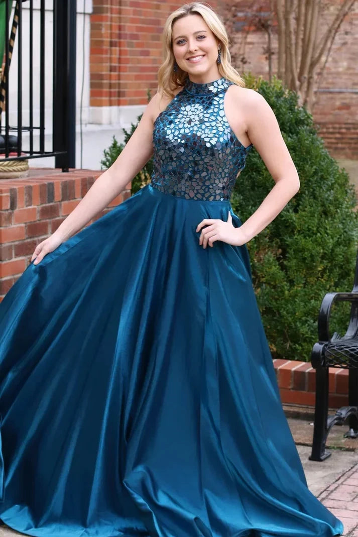 Satin A-Line Beaded Empire High Neck Sleeveless Party Prom Dress