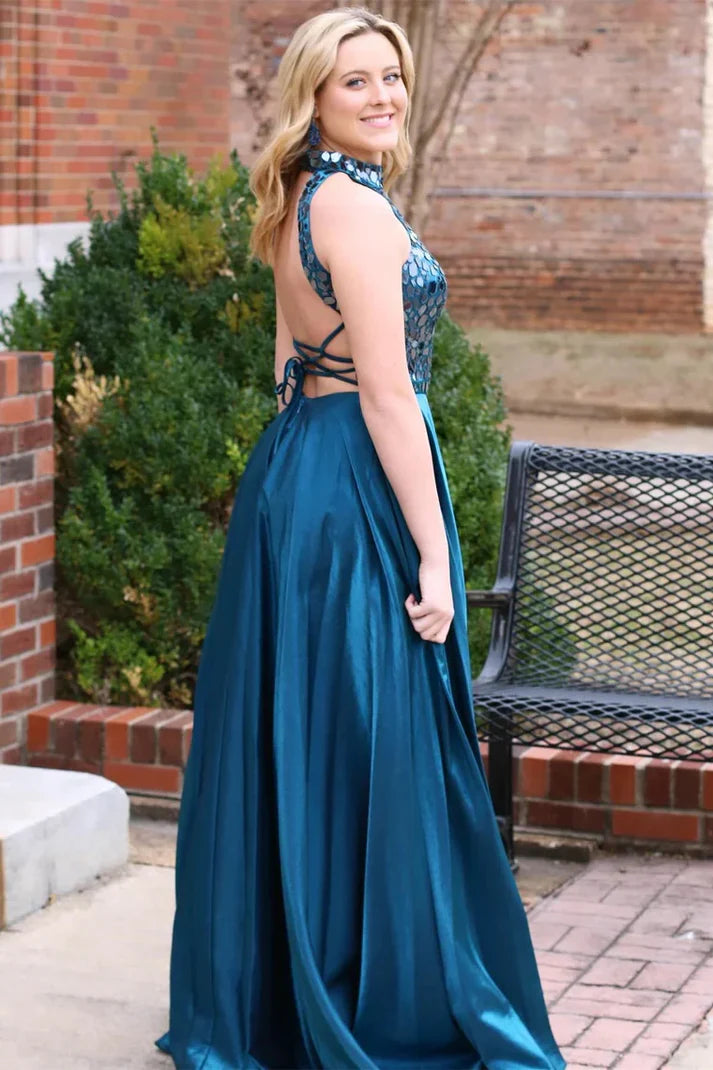 Satin A-Line Beaded Empire High Neck Sleeveless Party Prom Dress