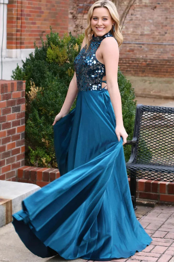 Satin A-Line Beaded Empire High Neck Sleeveless Party Prom Dress