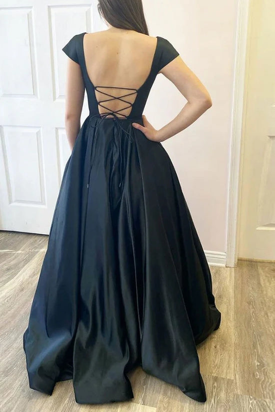 Satin A-Line Cap Sleeves Bateau Lace Up Long Prom Dress